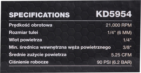SZLIFIERKA PNEUMATYCZNA KĄTOWA 1/4" 90 PSI 21 000 obr./min