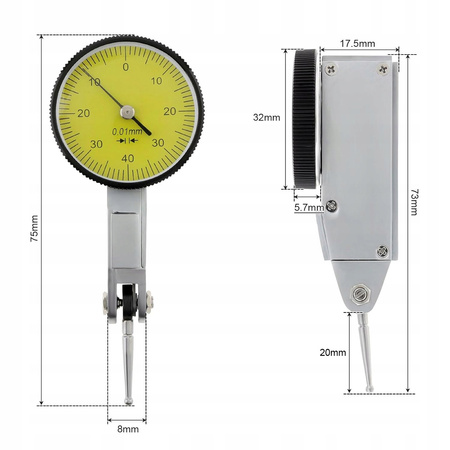 CZUJNIK ZEGAROWY WSKAŹNIK ZEGAROWY UCHYLNY 0,8 MM ZEGAR MAŁY TARCZA 30 MM