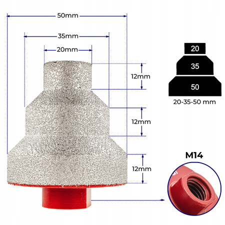 FREZ STOŻKOWY OTWORNICA DIAMENT STOŻEK SZLIFOWANIA GRESU M14 20 35 50 MM
