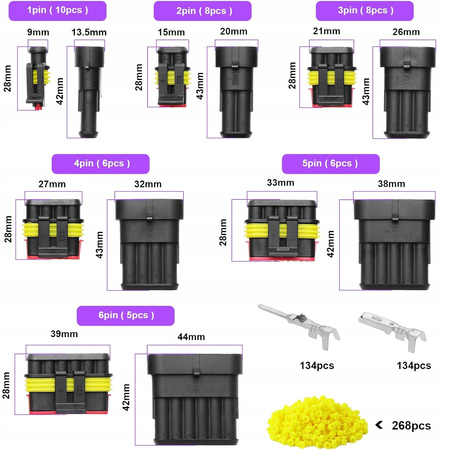 ZŁĄCZA ELEKTRYCZNE Superseal HERMETYCZNE WTYCZKI 1-6 PIN ZESTAW 622szt.