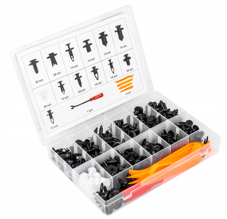 ZESTAW SPINKI SAMOCHODOWE KLIPSY TAPICERKI KOŁKI ŁYŻKI ETUI 230szt.