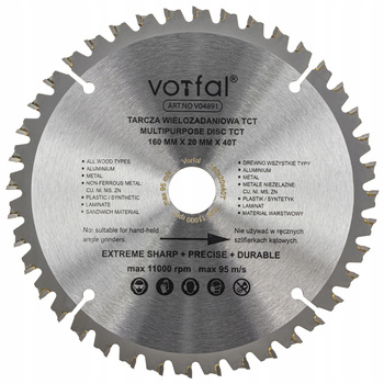 TARCZA TNĄCA PIŁA WIELOZADANIOWA TCT 160X20X40T DO KOMPOZYTU DREWNA METALU