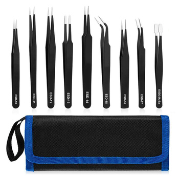 ZESTAW METALOWYCH PĘSET ESD PINCETA PĘSETY 9szt