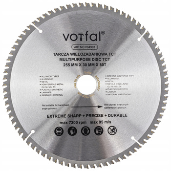 TARCZA TNĄCA PIŁA WIELOZADANIOWA TCT 255X30X80T DO KOMPOZYTU DREWNA METALU