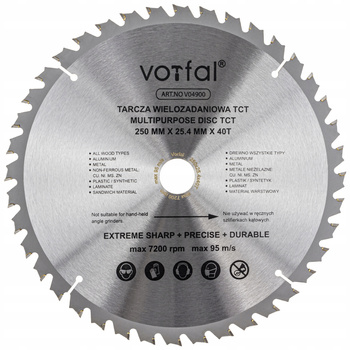 TARCZA TNĄCA PIŁA WIELOZADANIOWA TCT 250X25,4X40T DO KOMPOZYT DREWNA METALU